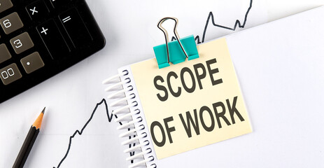 Poster - Stickers with pencils and notebook with text SCOPE OF WORK on wooden background