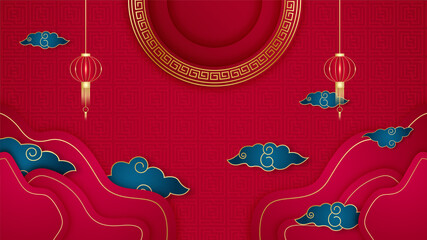 Happy Chinese new year 2022. Year of Tiger character with asian elements and flower with craft style on background. Universal Chinese background with red and gold color theme