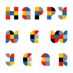 Happy New Year. Trendy font in retro Bauhaus design style. Artistic geometric printing type. Stylized alphabet