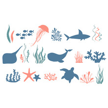 Underwater World Illustration. Hand Drawn Set Of Seaweed, Corals, Silhouette Of Jellyfish, Turtle, Shark, Stingray, Whale, Starfish. Marine Life.