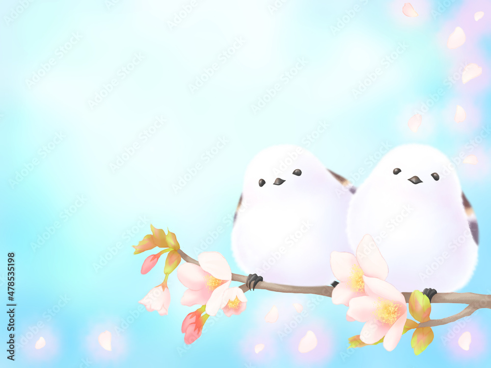 シマエナガと桜 仲よしシマエナガさん 桜咲く春 空ありイラスト