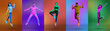 © Prostock-studio - Collage of jumping and posing in air carefree diverse young people on color neon studio backgrounds, panorama