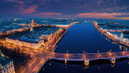 Wall Mural - Saint Petersburg evening. Russia night. Lights of night Saint Petersburg. Russian city view from quadcopter. Panorama of Saint Petersburg with bridges. Travel Russia. Evening cityscape