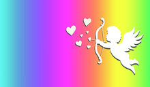 White Cupid Silhouette Flying And Holding Arrow. Happy Valentine's Day Card. Rainbow Gradient.