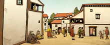 Illustration Of A European Street In The 15th Century With Beggars