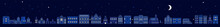 Vector Illustration Of Horizontal Panorama Of European Night City With Moon And Star On Dark Blue Color Sky Background. Line Art Style Design Of Night City Street With Shine Window