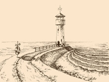 Lighthouse And The Sea Vector Hand Drawing