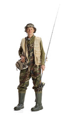 Wall Mural - Portrait of young man, professional fishman with fishing rod, spinning and equipment going to river isolated over white studio background