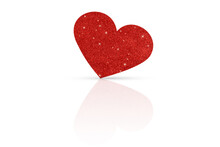 One Glittering Red Heart On A White Glossy Background. Valentine's Day
