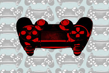 red ps4 control illustration with patterned background