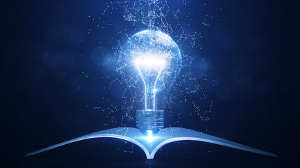 Fototapete - Learning from books or textbooks and the internet around the world creates new ideas. An interconnected polygon that surrounds a glowing light bulb with a book underneath. dark blue background.
