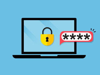 Poster - Laptop with password notification and lock icon vector illustration isolated on white, concept of security notice, personal access, user authorization note, login form icon, internet protection alert