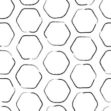 Hand Drawn Honeycomb Seamless Pattern. Doodle Structure. Honey, Pollen, Wax, Parchment And Bee Products In Sketch Style. Stock Black And White Illustration On A White Background.