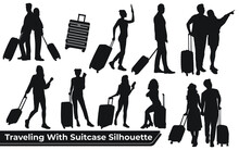 Collection Of Traveling With Suitcase Silhouette Vector
