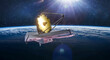 James Webb space telescope in deep space research far galaxies. Space satellite on orbit of Earth planet. Space observatory. Sci-fi collage. Elements of this image furnished by NASA