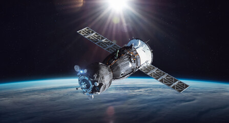 Leinwandbilder - Russian spacecraft on orbit of Earth. Sunlight and sky with clouds on background. Spaceship in outer space. Sci-fi wallpaper. Elements of this image furnished by NASA
