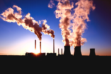 Wall Mural - coal fired power station and Combined cycle power plant at sunset, Pocerady, Czech republic