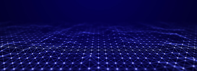 Fototapete - Corrupted network or connection. Abstract digital background of points and lines. Glowing plexus. Big data. Abstract technology science background. 3d rendering