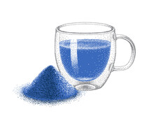 Butterfly Pea Blue Matcha Tea With Powder In Glass Double Wall Cup. Realistic. Blue Tea Drink. Sketch In Pointillism Style. Hand-drawn Vector.