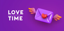 Happy Valentine's Day. Purple Paper Envelope With Angel Wings And Red Heart. Realistic 3d Design Congratulations Mail Envelope. Holiday Violet Background. Letters Be My Valentine. Vector Illustration