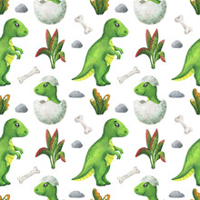 Seamless Pattern With Green Dinosaurs And A Hatched Baby. Watercolor Tyrannosaurus Rex On A White Background, Sample Dino Print For Fabric, Textiles, Wallpaper, Packaging, Paper