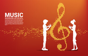 Poster - Silhouette of man and woman use mobile phone standing with Sol key note icon Sound wave Music Equalizer background. background for streaming and digital music.