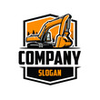 Excavator company badge emblem logo in white background. Best for excavating and land moving related industry