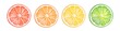 Water color illustration of different citrus fruit slices. Hand painted watercolour drawing on white background, cut out clipart details for design, print, stickers banner, poster, decorative frame.