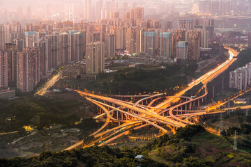 Canvas Print - Chongqing elevated road junction and interchange overpass at night, Chongqing China