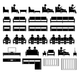 Sofa couch seating chair seater with people sitting. Vector illustrations icons pictogram of man and woman sitting on sofa and chair with footstool, coffee table, tv cabinet rack, and carpet rug.