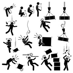 Warning sign, danger risk symbol, and safety precaution at workplace. Vector illustrations pictogram of manual handling, dangerous object things falling from above and dropping boxes hazard.