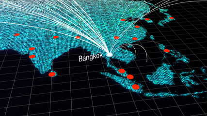 Global connectivity from Bangkok, Thailand to other major cities around the world. World map element of this clip furnished by NASA : https://visibleearth.nasa.gov/collection/1484/blue-marble