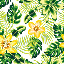 Green Light Color Tropical Monstera Palm Leaves Seamless Pattern With Yellow Abstract Hibiscus Flowers And Frangipani Plants Foliage On White Background. Vector Design. Print Texture. Exotic Tropics 
