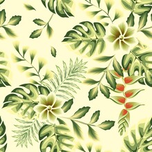 Beautiful Beige Background Vector Design With Green Light Color Tropical Monstera Fern Leaves And Heliconia Flowers Plants Foliage Seamless Pattern. Floral Background. Exotic Tropics. Summer Design