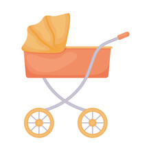 A Cartoon-style Baby Stroller. Orange Vintage Baby Carriage. Vector Illustration Isolated On A White Background