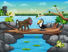Cute Cartoon Baboon And Toucan Crossing The River