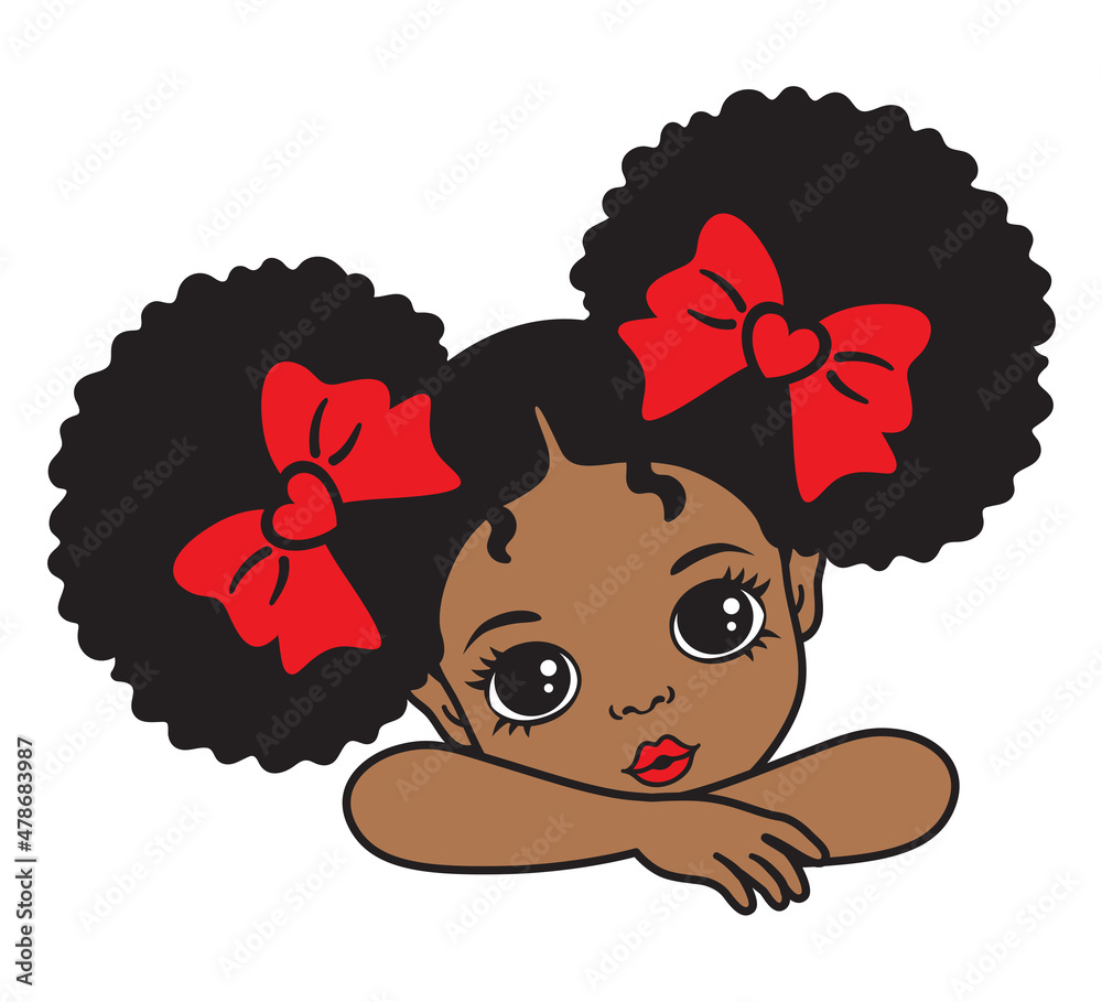 Cute little African American black girl with afro puff hair vector ...