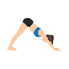 Woman doing Adho mukha svanasana or downward facing dog yoga pose,vector illustration in trendy style