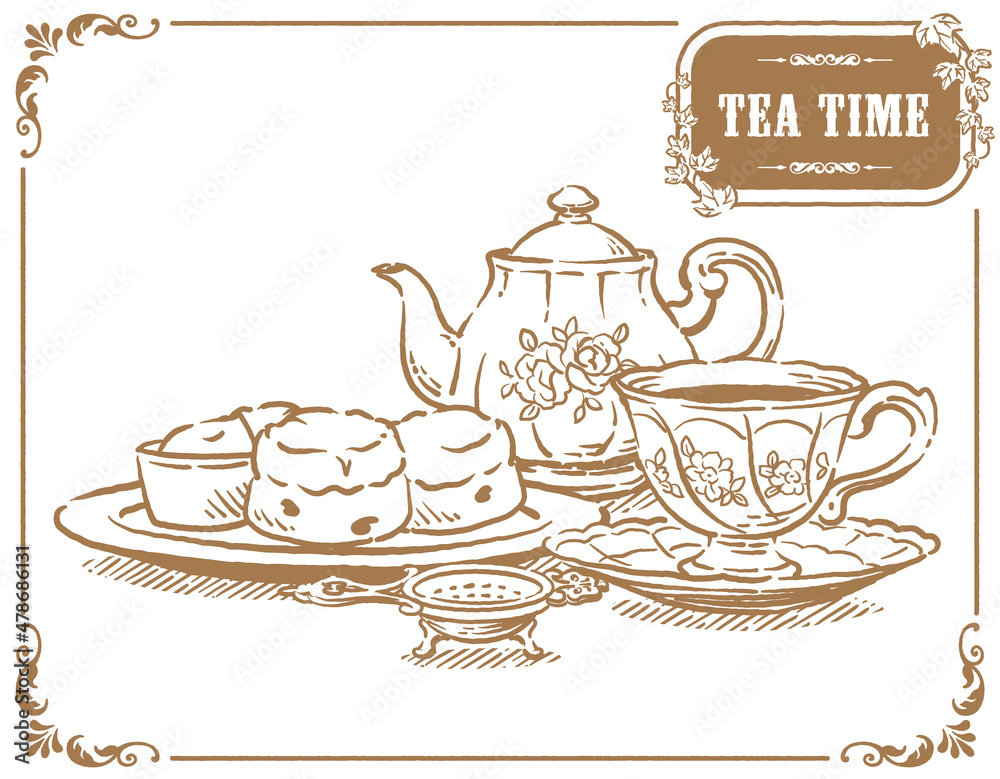 Image vectorielle Stock ティー・タイム、アンティーク小物のイラスト素材。ティーポットやティーカップ。ベクターイラスト ...