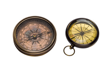 2 old antique compasses isolated on white background