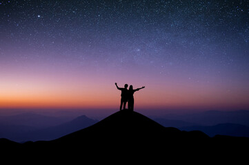 Wall Mural - Silhouette of young couple standing with both hands above your head watched the star and milky way on top of the mountain. Couple enjoyed traveling and was successful when he reached the summit.