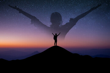 Wall Mural - Silhouette of young traveler standing alone on top of the mountain with double exposure young man standing and open arm and feel free over the sky with star and Milky Way  in summer season.