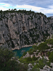 Wall Mural - View of the rugged cliffs of mountain range Massif des Calanques near Cassis, French Riviera at the mediterranean sea with pine trees and narrow bay.