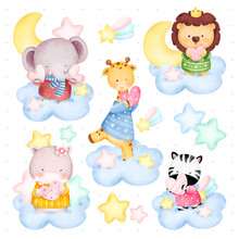 Watercolor Set Of  Cute Safari Animal With The Stars On The Cloud 