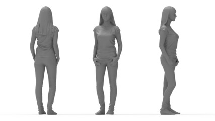 3D rendering of a young casual female posing isolated on empty studio background. SIlhouette and multiple views.