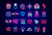Happy Valentines Day Neon Icon Collection. Crown And Balloons. Romantic Music And Flowers. Vector Illustration