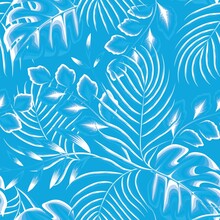 Modern Seamless Pattern With Blue Monochromatic Tropical Plants And Leaves. Fashionable Texture Design, Textile, Fabric, Printing. Original Plants. Exotic Design And Ornament. Summer Design. Wallpaper