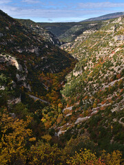 Wall Mural - Stunning view of steep gorge Gorges de la Nesque with limestone rocks in the subalpine Vaucluse Mountains in Provence region, France on sunny day.