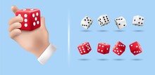 Vector Casino Dice Set Of Authentic Icons. Vector Rolling Red Dice Set Isolated On Blue Background. 3d Board Game Pieces