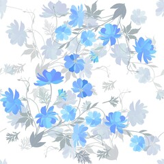  Intricate seamless floral ornament with sprigs of blooming cosmos flowers with blue petals and gray leaves on a white background. Delicate print for fabric, wallpaper, bed linen, clothing.